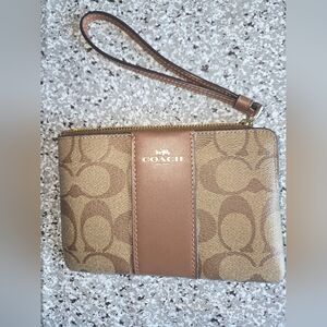 COACH Khaki Saddle Signature Monogram PVC and Leather Wristlet